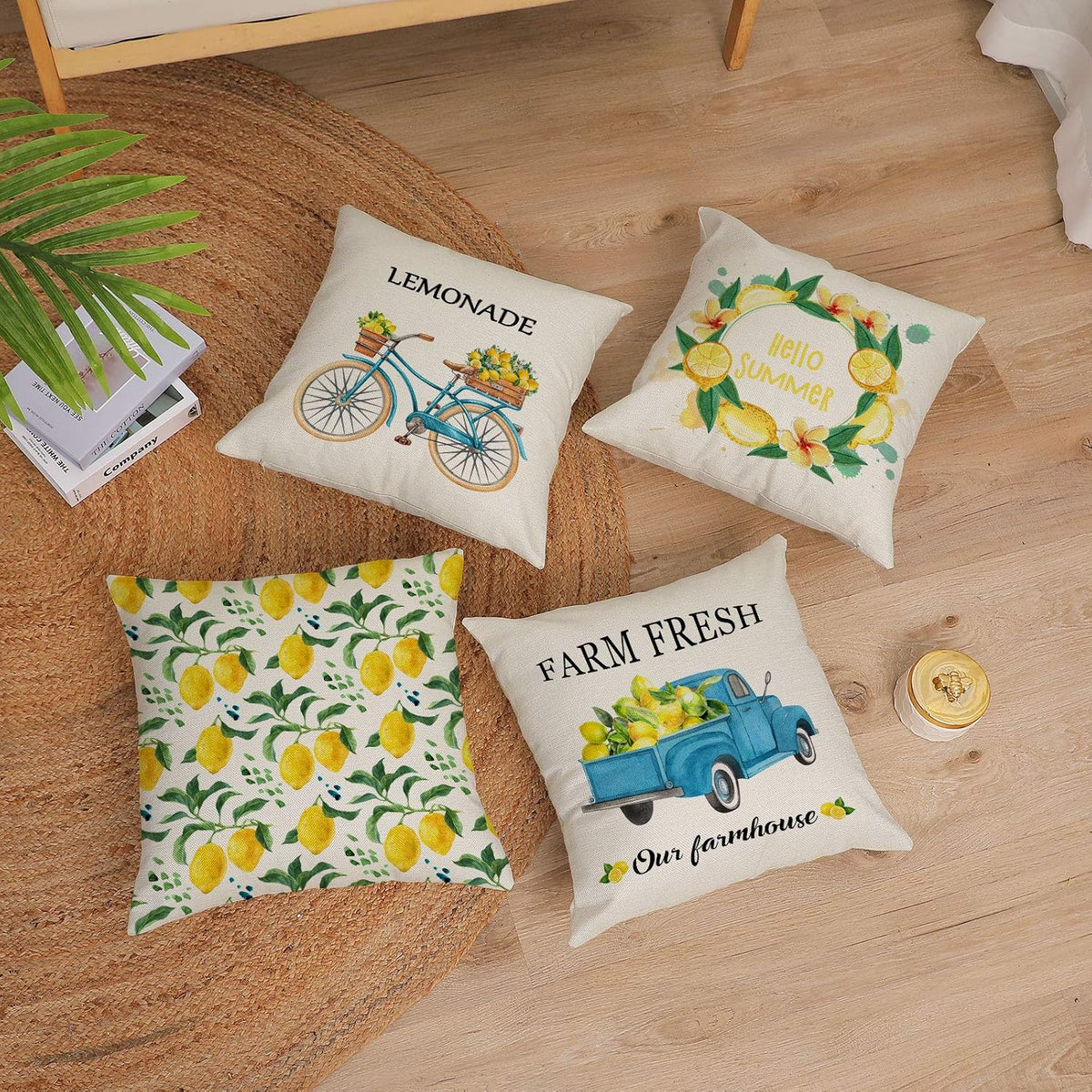 Set Of 4 Summer Throw Pillow Covers 16 By 16 Inch Yellow Fruit Farmhouse Decorative Lemon Truck Bicycle Pillowcase Square Cotton Linen Cushion Covers For Summer Home Decor