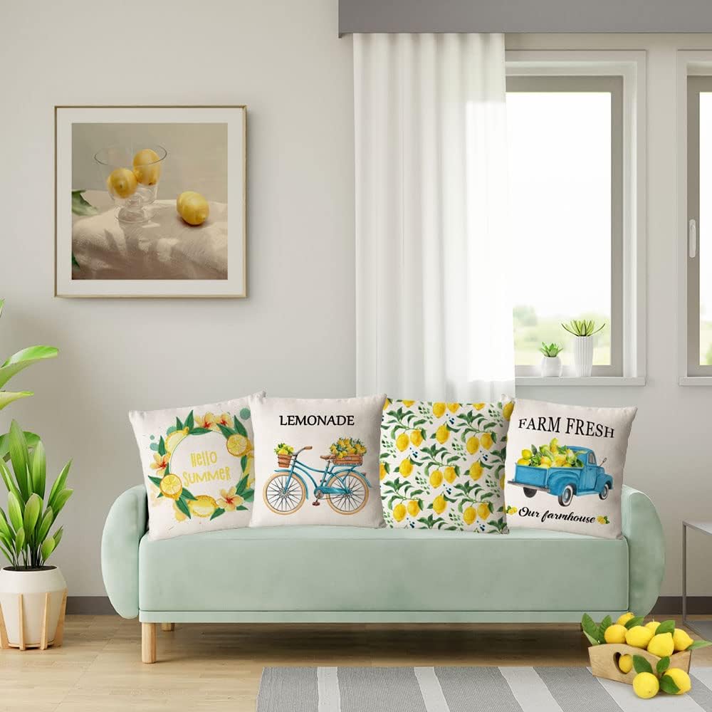 Set Of 4 Summer Throw Pillow Covers 16 By 16 Inch Yellow Fruit Farmhouse Decorative Lemon Truck Bicycle Pillowcase Square Cotton Linen Cushion Covers For Summer Home Decor