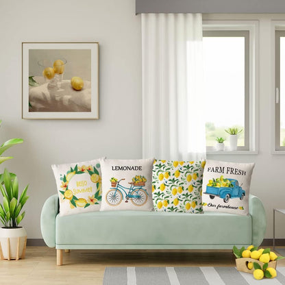 Set Of 4 Summer Throw Pillow Covers 16 By 16 Inch Yellow Fruit Farmhouse Decorative Lemon Truck Bicycle Pillowcase Square Cotton Linen Cushion Covers For Summer Home Decor