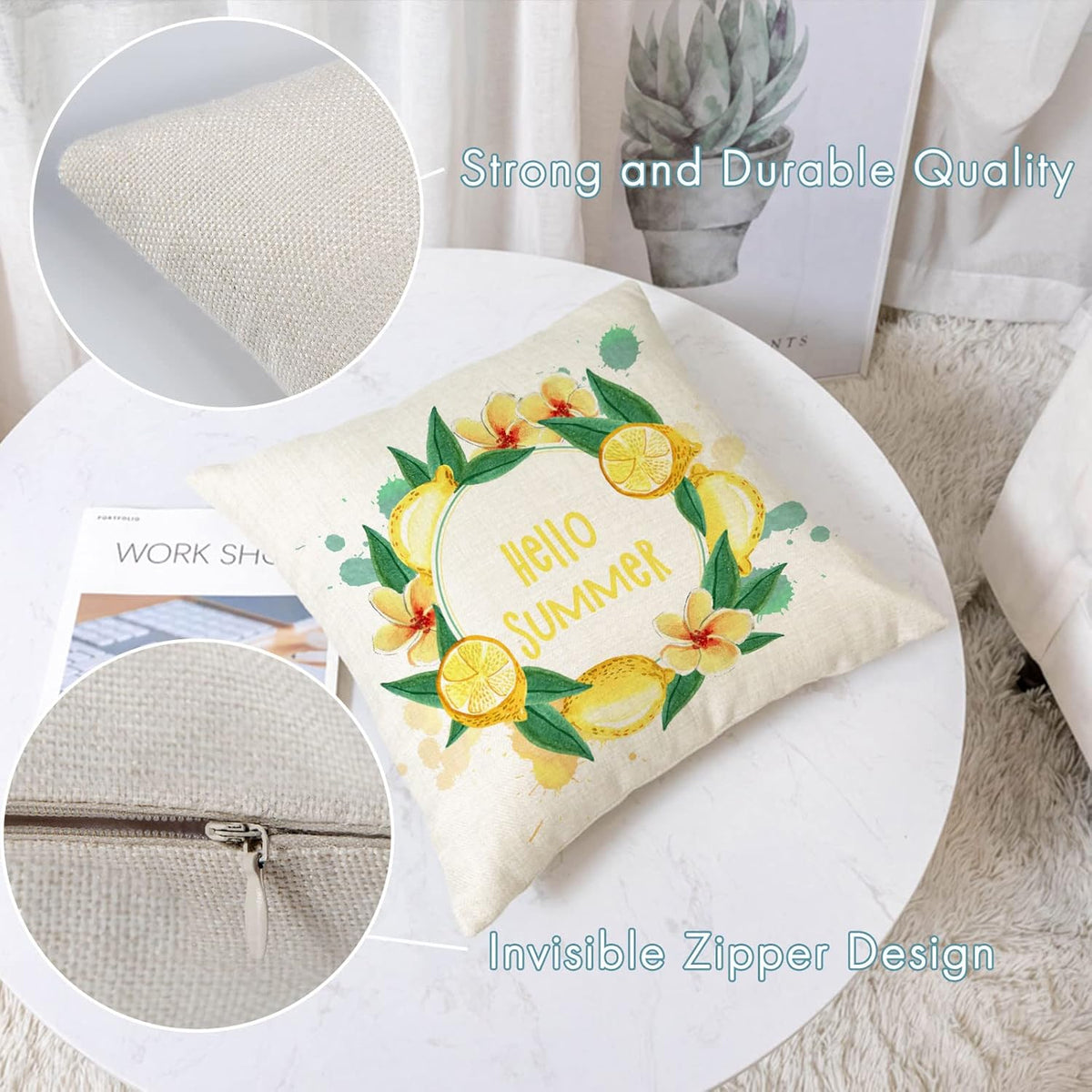 Set Of 4 Summer Throw Pillow Covers 16 By 16 Inch Yellow Fruit Farmhouse Decorative Lemon Truck Bicycle Pillowcase Square Cotton Linen Cushion Covers For Summer Home Decor