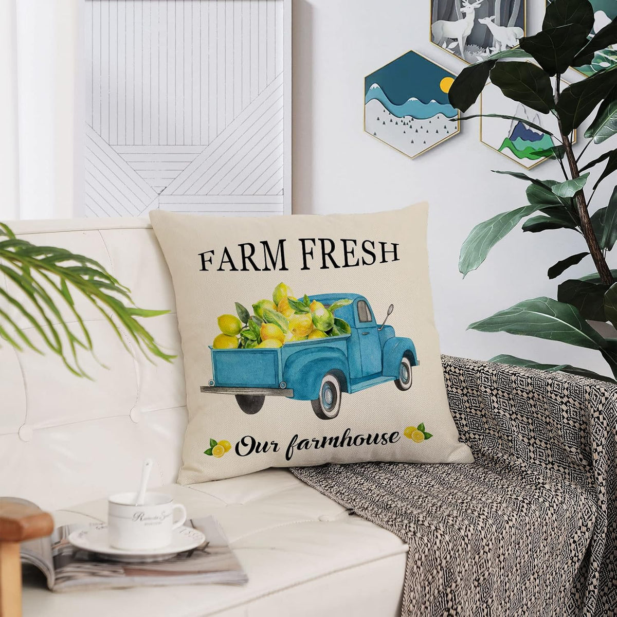 Set Of 4 Summer Throw Pillow Covers 16 By 16 Inch Yellow Fruit Farmhouse Decorative Lemon Truck Bicycle Pillowcase Square Cotton Linen Cushion Covers For Summer Home Decor