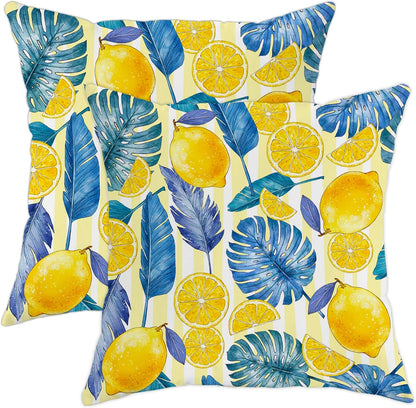 Lemon Throw Pillow Covers Set of 2 Tropical Plants Palm Leaf Monstera Fruits Retro Striped Yellow Cozy Velvet Washable Indoor Living Room Couch Standard Home Sofa Bed Decor Cushion Cover 18x18inch