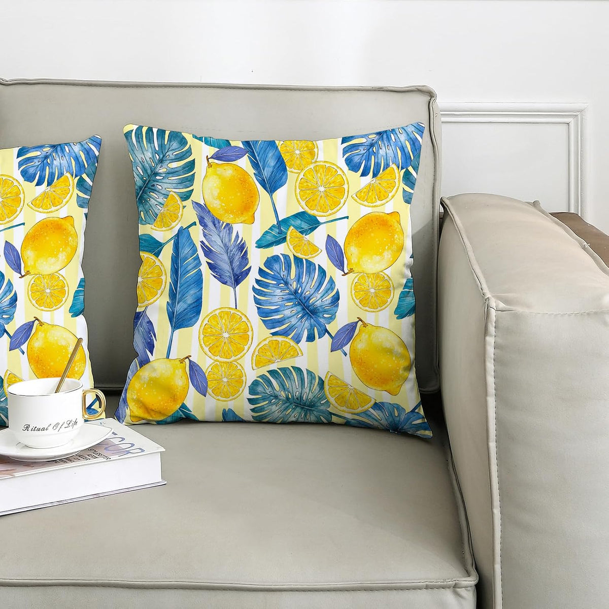 Lemon Throw Pillow Covers Set of 2 Tropical Plants Palm Leaf Monstera Fruits Retro Striped Yellow Cozy Velvet Washable Indoor Living Room Couch Standard Home Sofa Bed Decor Cushion Cover 18x18inch