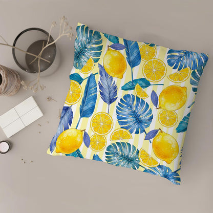 Lemon Throw Pillow Covers Set of 2 Tropical Plants Palm Leaf Monstera Fruits Retro Striped Yellow Cozy Velvet Washable Indoor Living Room Couch Standard Home Sofa Bed Decor Cushion Cover 18x18inch