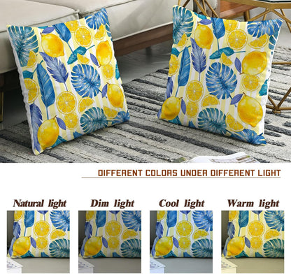 Lemon Throw Pillow Covers Set of 2 Tropical Plants Palm Leaf Monstera Fruits Retro Striped Yellow Cozy Velvet Washable Indoor Living Room Couch Standard Home Sofa Bed Decor Cushion Cover 18x18inch