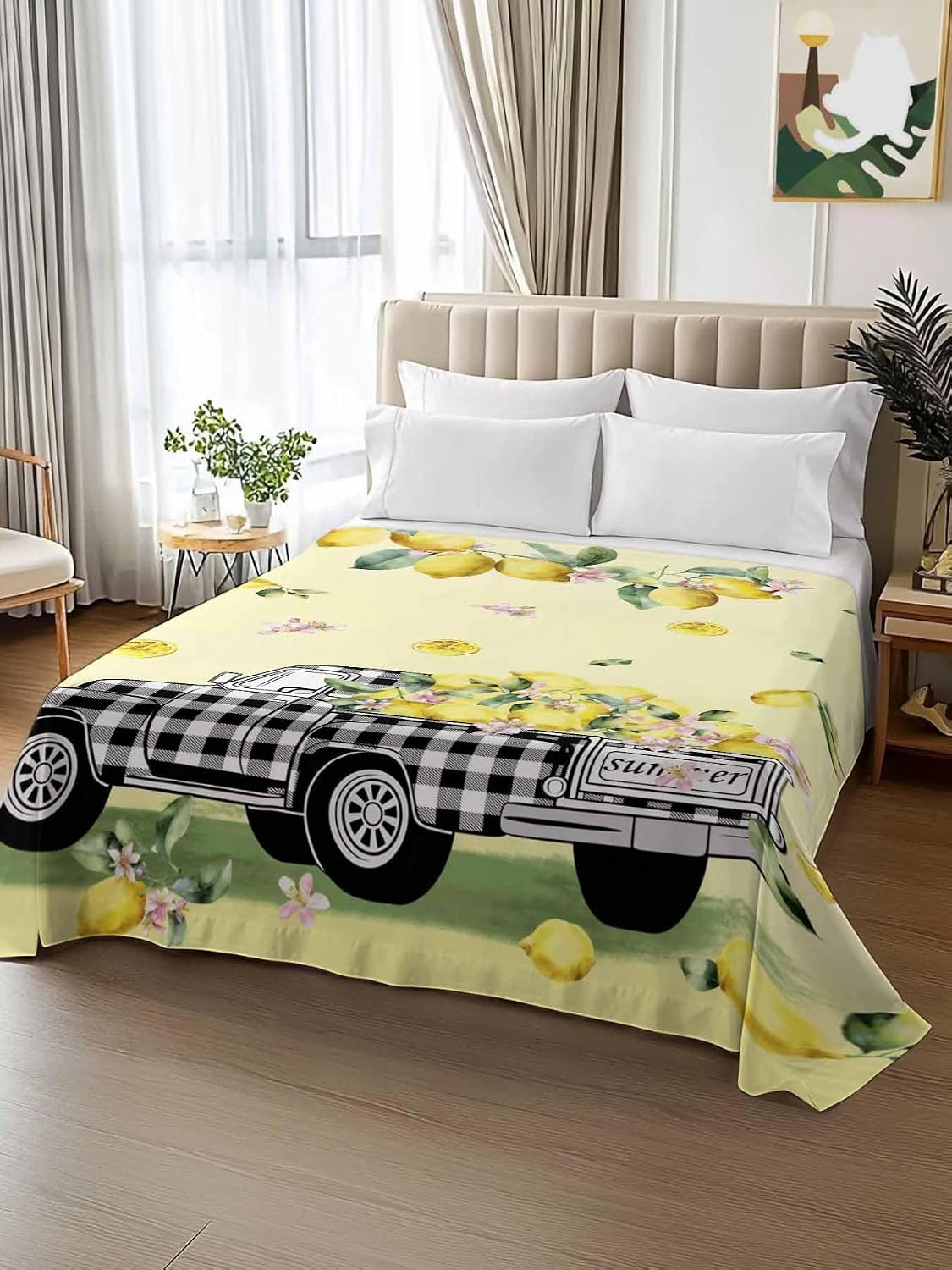 Queen Size Top Sheet Only, Pastoral Plaid Truck Lemon Fruit Flat Sheet Microfiber Breathable Soft Bed Sheets, Farm Floral Leaves on Yellow Hotel Bedding Flat Sheets for Bedroom