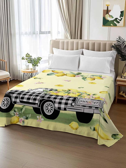Queen Size Top Sheet Only, Pastoral Plaid Truck Lemon Fruit Flat Sheet Microfiber Breathable Soft Bed Sheets, Farm Floral Leaves on Yellow Hotel Bedding Flat Sheets for Bedroom