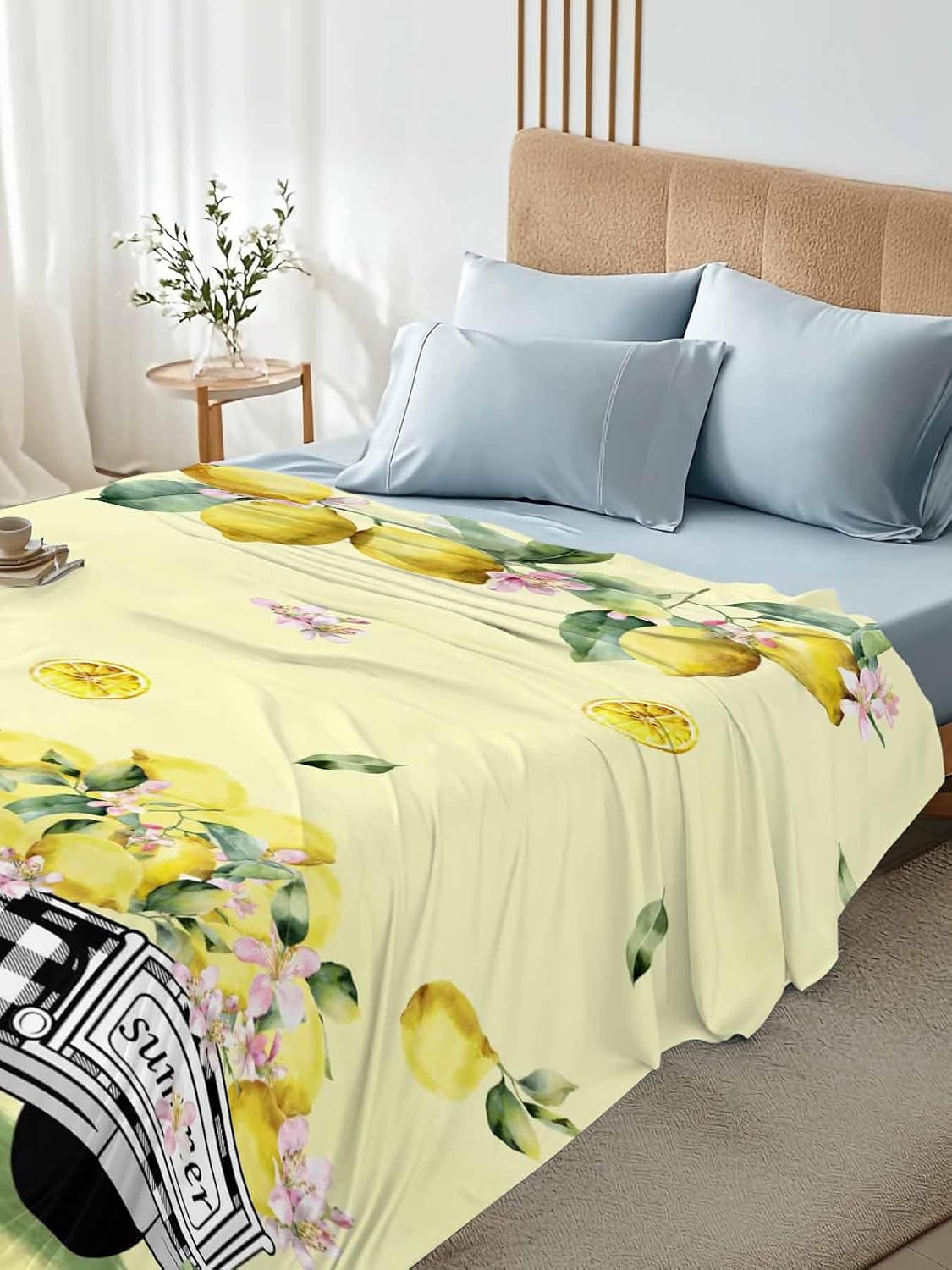 Queen Size Top Sheet Only, Pastoral Plaid Truck Lemon Fruit Flat Sheet Microfiber Breathable Soft Bed Sheets, Farm Floral Leaves on Yellow Hotel Bedding Flat Sheets for Bedroom