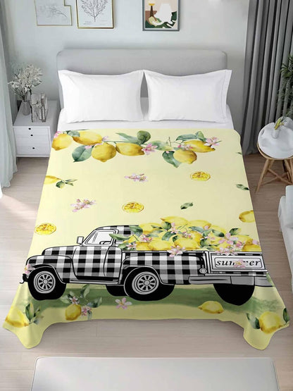 Queen Size Top Sheet Only, Pastoral Plaid Truck Lemon Fruit Flat Sheet Microfiber Breathable Soft Bed Sheets, Farm Floral Leaves on Yellow Hotel Bedding Flat Sheets for Bedroom