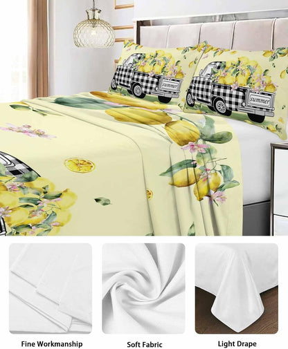 Queen Size Top Sheet Only, Pastoral Plaid Truck Lemon Fruit Flat Sheet Microfiber Breathable Soft Bed Sheets, Farm Floral Leaves on Yellow Hotel Bedding Flat Sheets for Bedroom