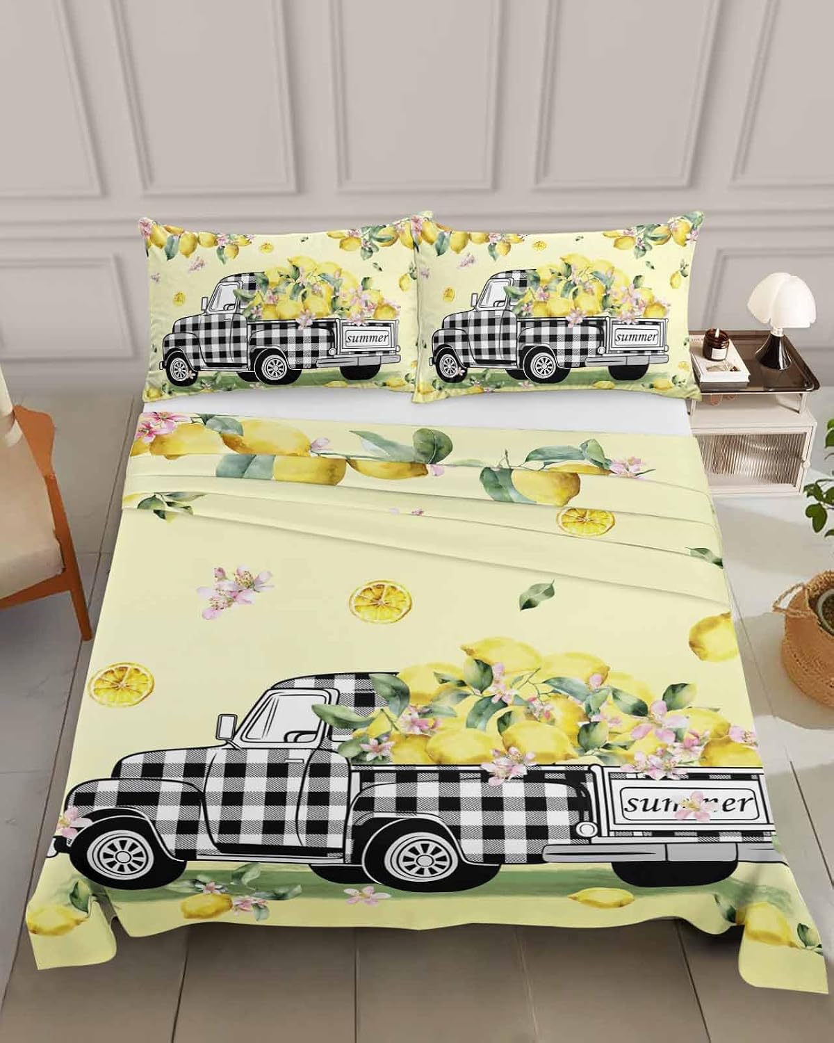 Queen Size Top Sheet Only, Pastoral Plaid Truck Lemon Fruit Flat Sheet Microfiber Breathable Soft Bed Sheets, Farm Floral Leaves on Yellow Hotel Bedding Flat Sheets for Bedroom