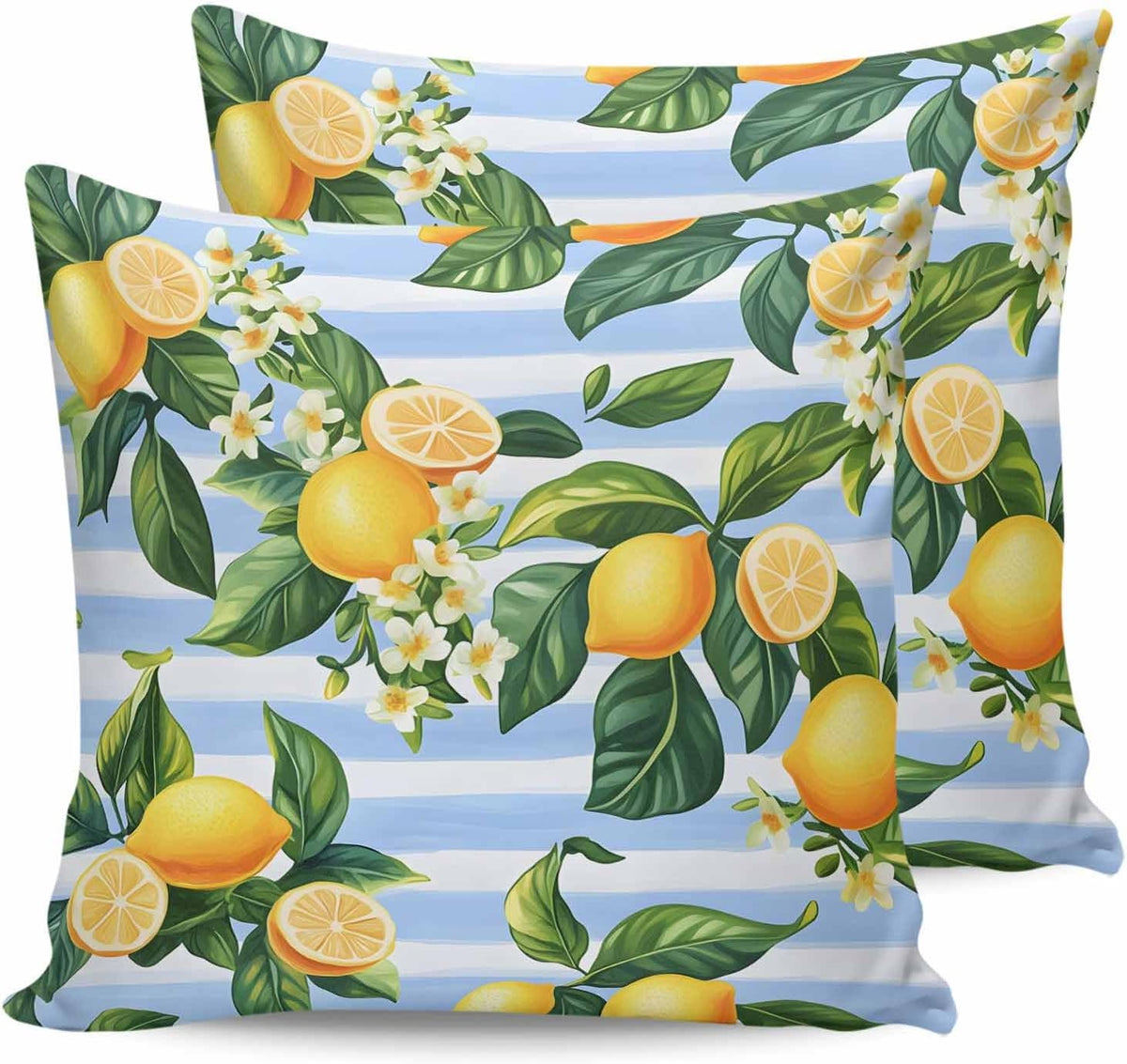 Pastoral Lemon 2PCS Throw Pillow Covers for Couch Sofa Bed, Yellow Blue Flowers Stripes Pillow Covers 16x16 inch, Standard Pillowcases Set Decorative Cushion Covers for Living Room Bedroom