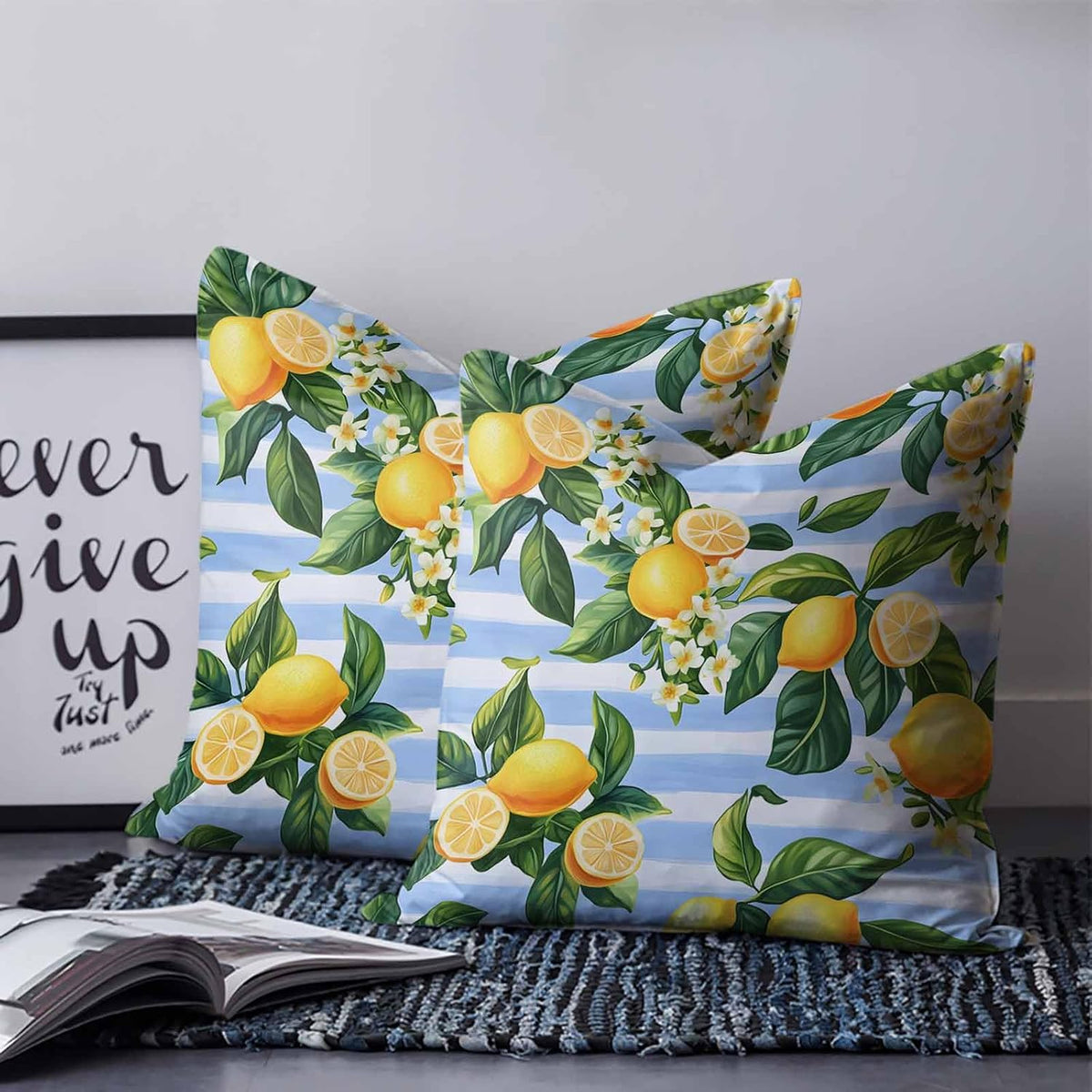 Pastoral Lemon 2PCS Throw Pillow Covers for Couch Sofa Bed, Yellow Blue Flowers Stripes Pillow Covers 16x16 inch, Standard Pillowcases Set Decorative Cushion Covers for Living Room Bedroom