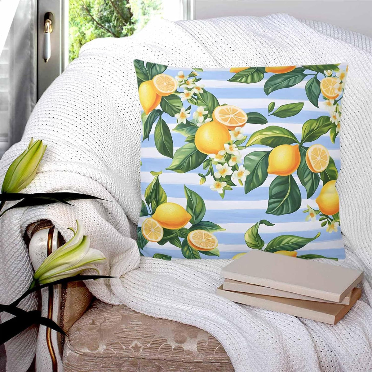 Pastoral Lemon 2PCS Throw Pillow Covers for Couch Sofa Bed, Yellow Blue Flowers Stripes Pillow Covers 16x16 inch, Standard Pillowcases Set Decorative Cushion Covers for Living Room Bedroom