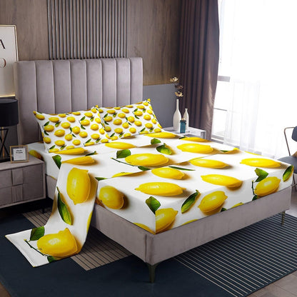 Sunny Lemon Print Bed Sheets Set Full Size Green Leaf Plant