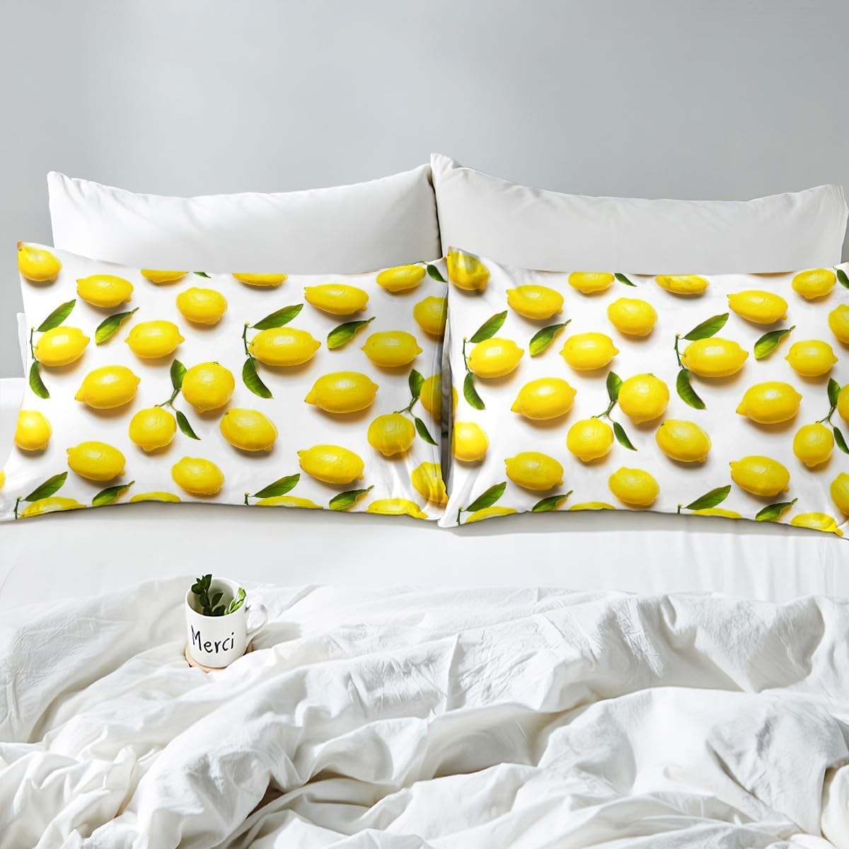 Sunny Lemon Print Bed Sheets Set Full Size Green Leaf Plant