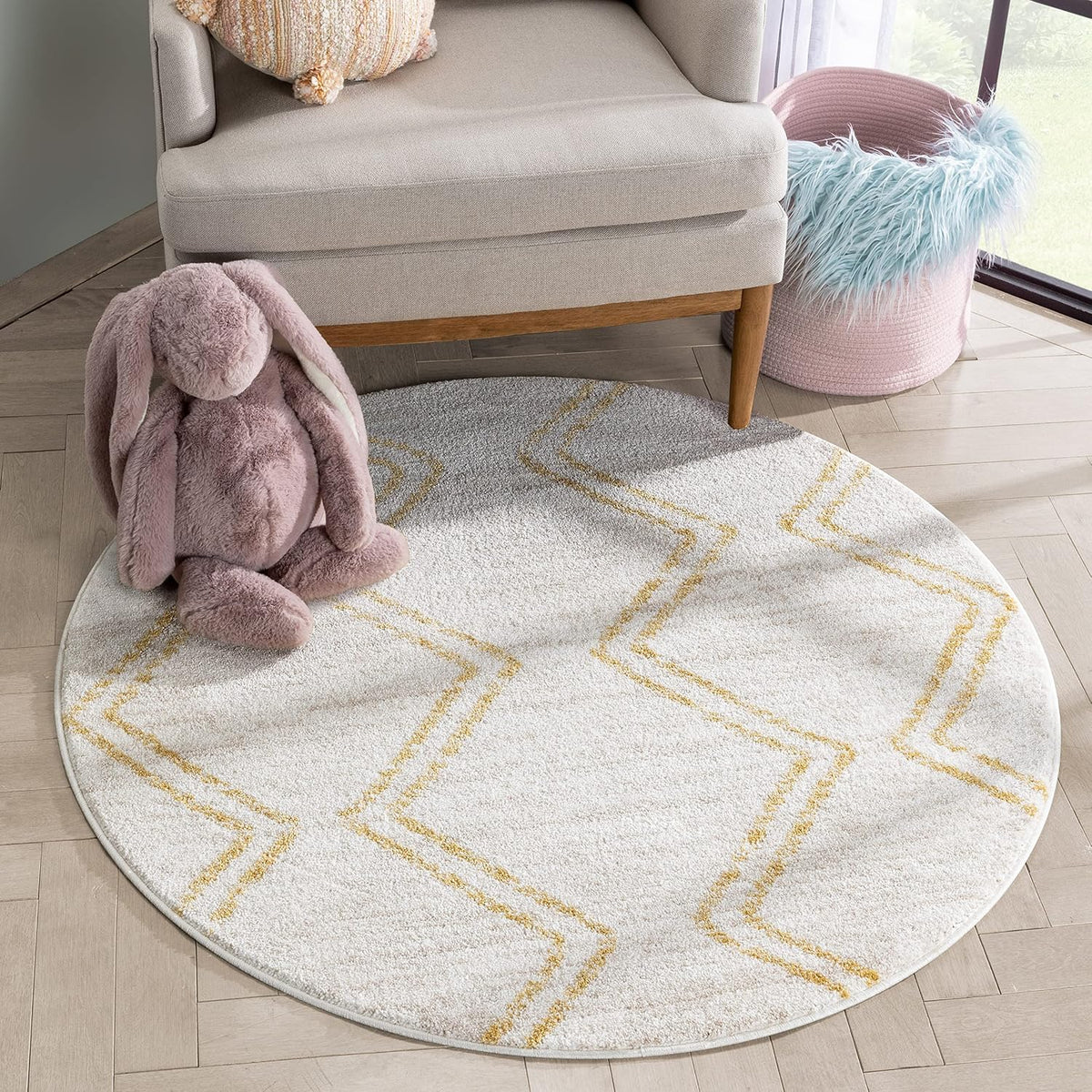 Well Woven Merri Yellow Ivory Geometric Stripes Pattern Stain-Resistant Area Rug (4' Round)
