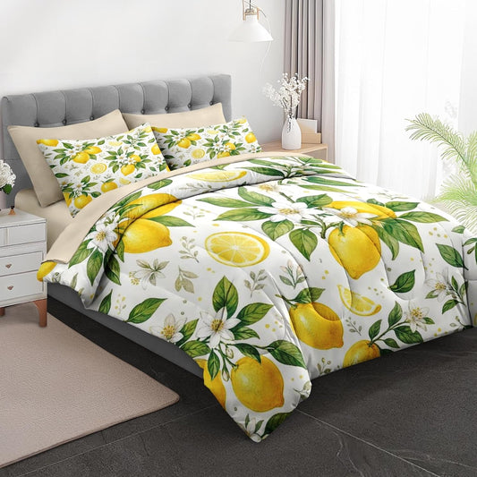 Full Comforter Set, 7 Pieces Lemon Floral Bedding Set