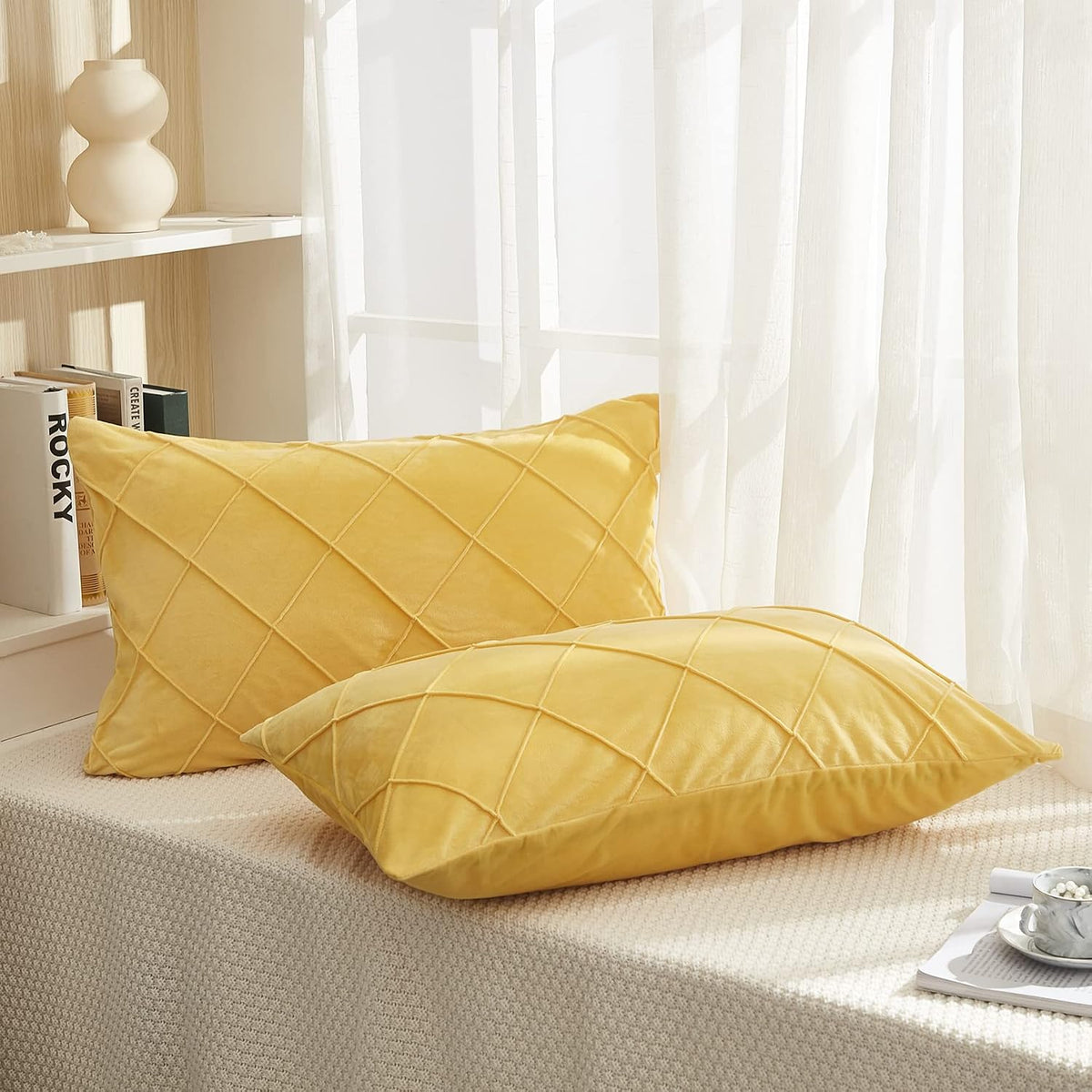 Diamond Pinch Pleated Crystal Velvet Pillowcases 2 Pack Solid Pintuck Throw Cushion Cover for Home Decor Hidden Zipper Closure (Yellow, Standard)