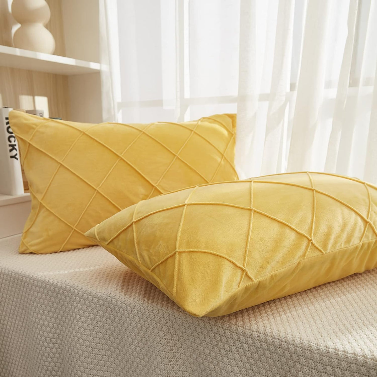 Diamond Pinch Pleated Crystal Velvet Pillowcases 2 Pack Solid Pintuck Throw Cushion Cover for Home Decor Hidden Zipper Closure (Yellow, Standard)