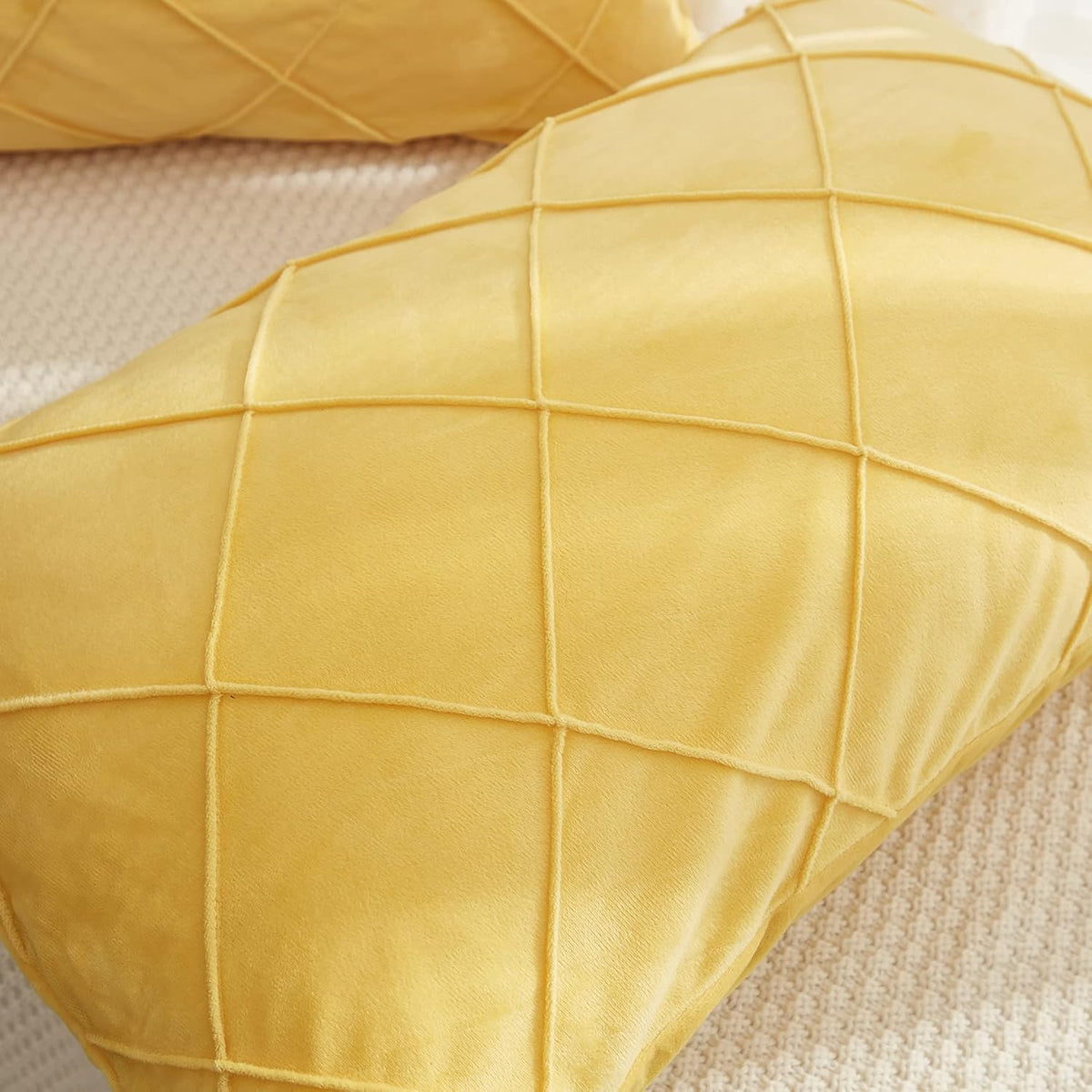 Diamond Pinch Pleated Crystal Velvet Pillowcases 2 Pack Solid Pintuck Throw Cushion Cover for Home Decor Hidden Zipper Closure (Yellow, Standard)