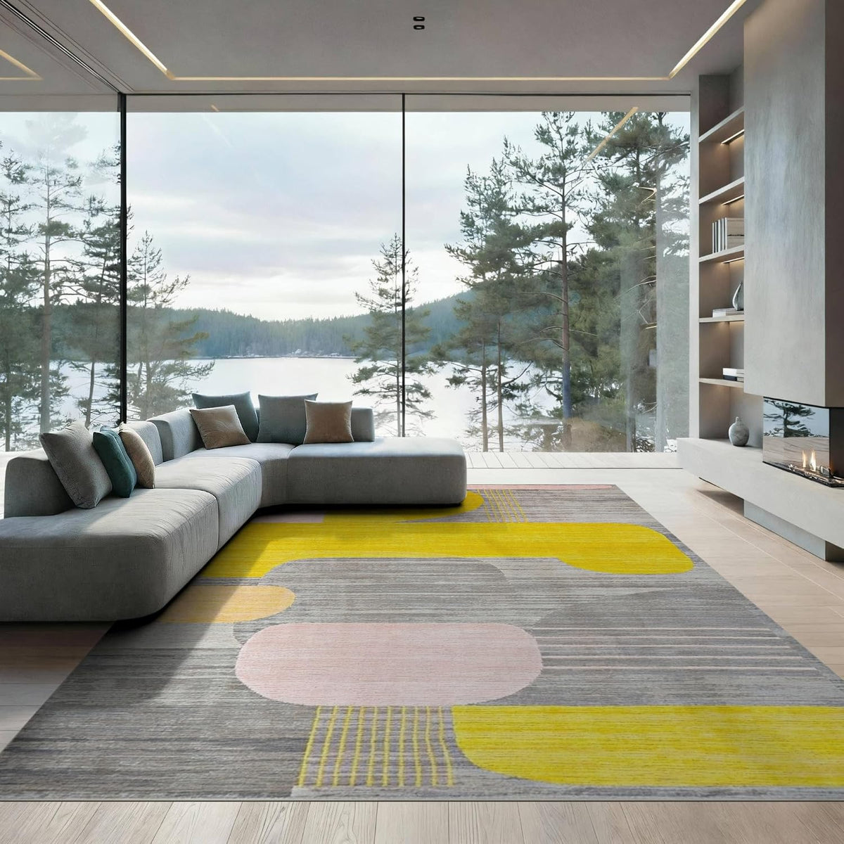 6'x9' Yellow Gray Abstract Geometric Design Washable Area Rug