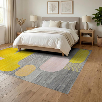 6'x9' Yellow Gray Abstract Geometric Design Washable Area Rug