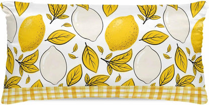 Summer Botanical Satin Pillowcase for Hair and Skin, Lemons Abstract Fruit Silhouette Yellow Stripes Silky Pillow Cases Standard Size with Zipper 1 Pack Cooling Pillow Cover for Women Men, 20''x40''