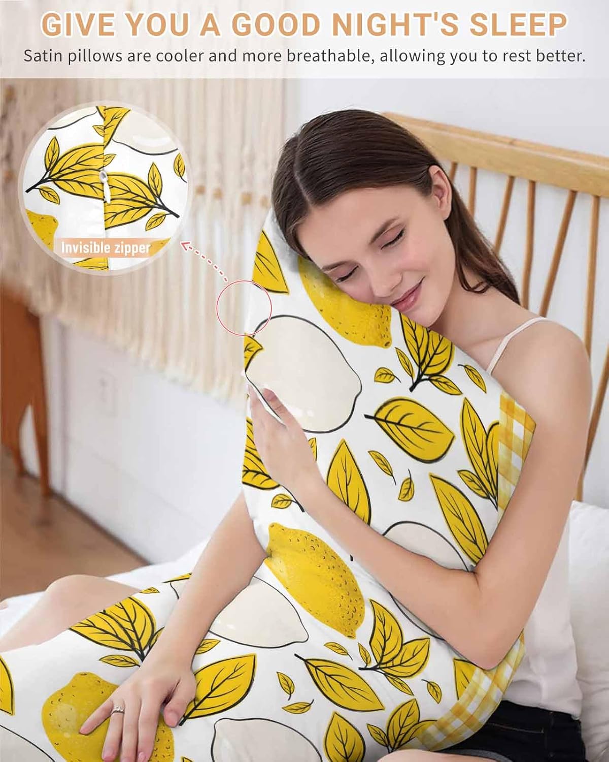 Summer Botanical Satin Pillowcase for Hair and Skin, Lemons Abstract Fruit Silhouette Yellow Stripes Silky Pillow Cases Standard Size with Zipper 1 Pack Cooling Pillow Cover for Women Men, 20''x40''