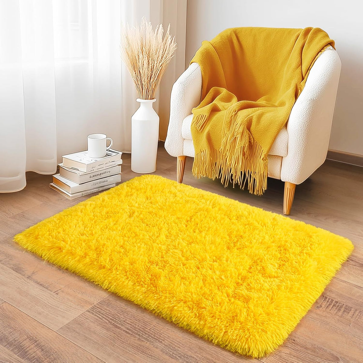 2x3 Small Rugs for Bedroom Hallways,Yellow Soft Fluffy Shaggy Bedside Rug