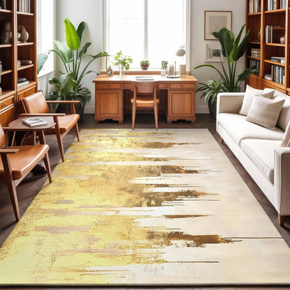 Area Rug Abstract Yellow Beige Non-Slip Indoor Area Rug Modern Art Washable Decorative Floor Carpet for Bedroom Living Room