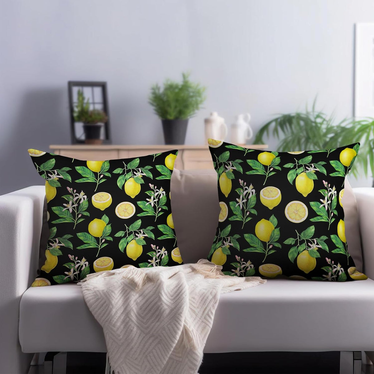 Lemon Pillow Covers 18 x 18 Inch Summer Black Yellow Throw Pillow Cover Set of 2 Spring Fruit Floral Pillow Case Decorative Cushion Covers for Sofa Couch Car Bedroom Decor