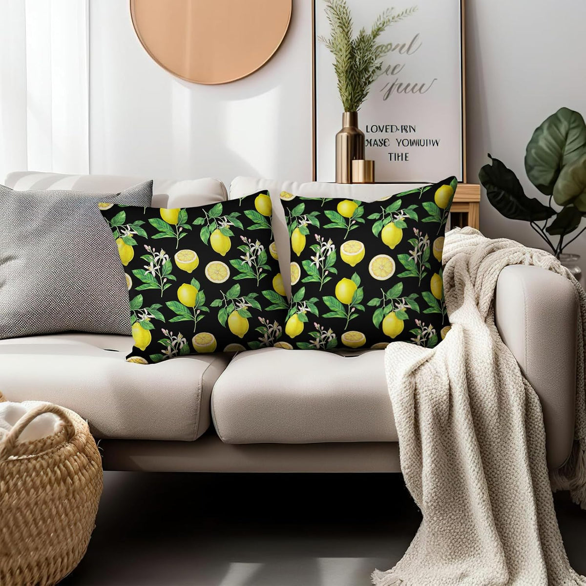 Lemon Pillow Covers 18 x 18 Inch Summer Black Yellow Throw Pillow Cover Set of 2 Spring Fruit Floral Pillow Case Decorative Cushion Covers for Sofa Couch Car Bedroom Decor