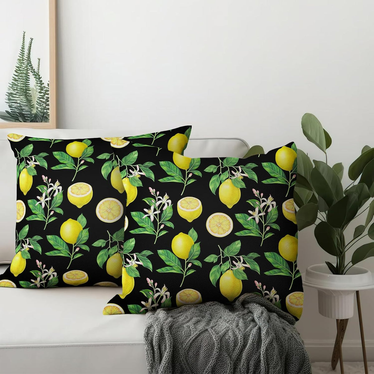 Lemon Pillow Covers 18 x 18 Inch Summer Black Yellow Throw Pillow Cover Set of 2 Spring Fruit Floral Pillow Case Decorative Cushion Covers for Sofa Couch Car Bedroom Decor