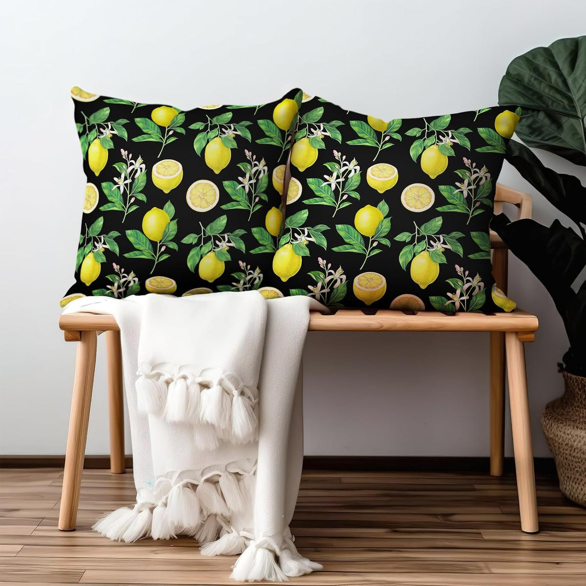 Lemon Pillow Covers 18 x 18 Inch Summer Black Yellow Throw Pillow Cover Set of 2 Spring Fruit Floral Pillow Case Decorative Cushion Covers for Sofa Couch Car Bedroom Decor
