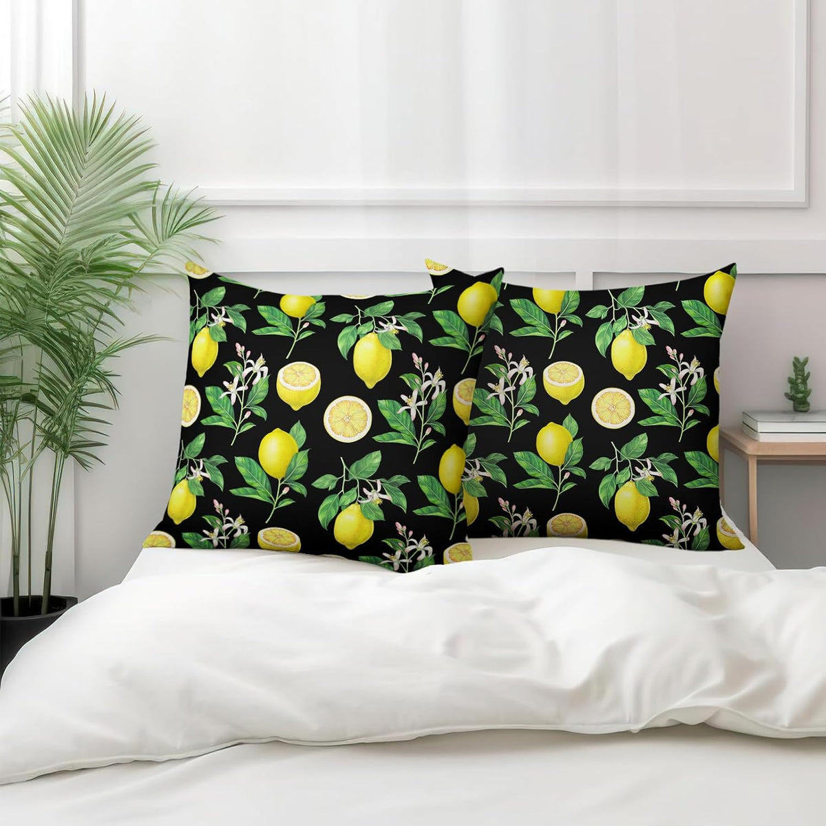 Lemon Pillow Covers 18 x 18 Inch Summer Black Yellow Throw Pillow Cover Set of 2 Spring Fruit Floral Pillow Case Decorative Cushion Covers for Sofa Couch Car Bedroom Decor