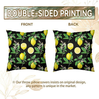 Lemon Pillow Covers 18 x 18 Inch Summer Black Yellow Throw Pillow Cover Set of 2 Spring Fruit Floral Pillow Case Decorative Cushion Covers for Sofa Couch Car Bedroom Decor