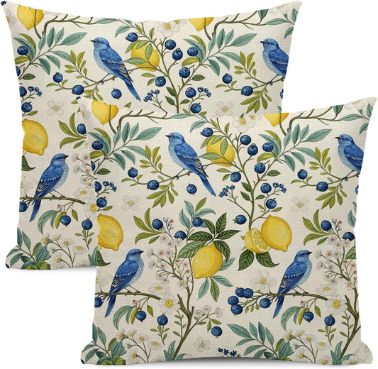 Chinoiserie Pillow Covers 18x18 Set of 2 Vintage Blue Birds Floral Throw Pillow Covers Outdoor Decoration Spring Summer Yellow Lemon Pillowcase Farmhouse Decorative Cushion Case for Couch Sofa