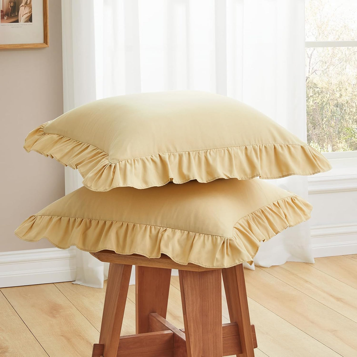 Ruffle Euro Pillow Covers, Yellow, 26x26 Inches, 2 Pack