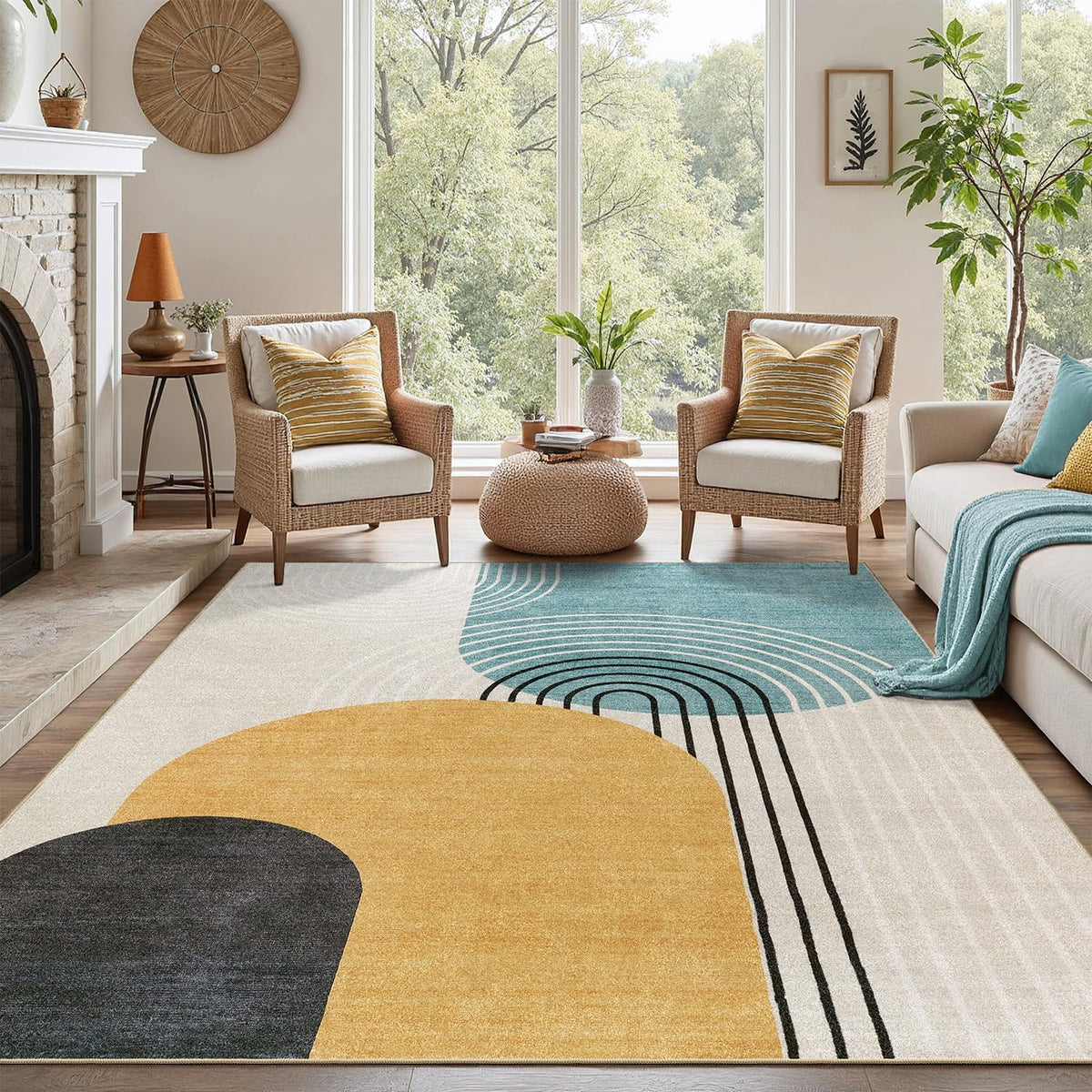 DCX 5x7 Area Rug Living Room: Modern Washable Indoor Carpet Blue & Yellow