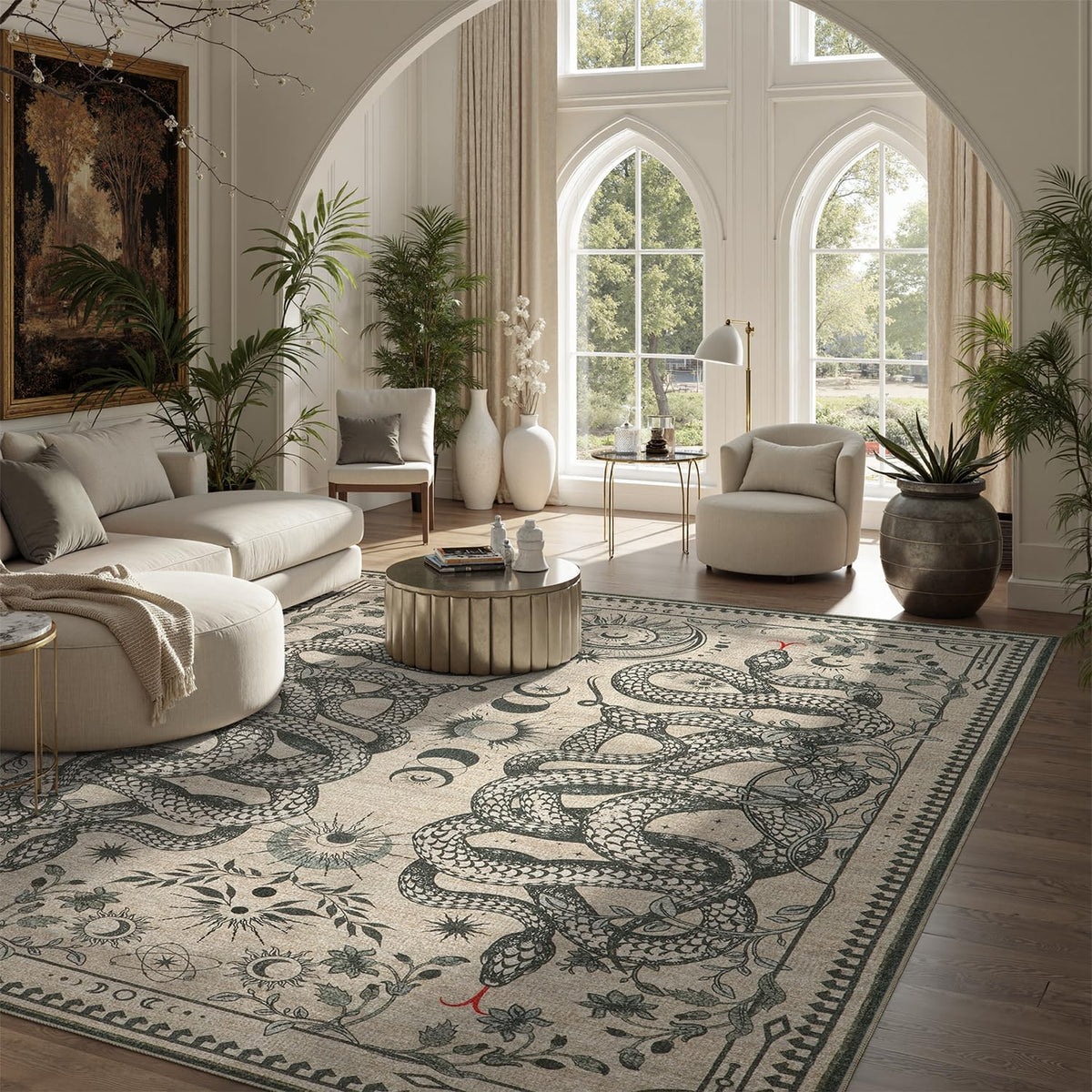 DCX 4x6 Washable Snake Rug for Living Room, Non Slip Low Pile Rug, Beige