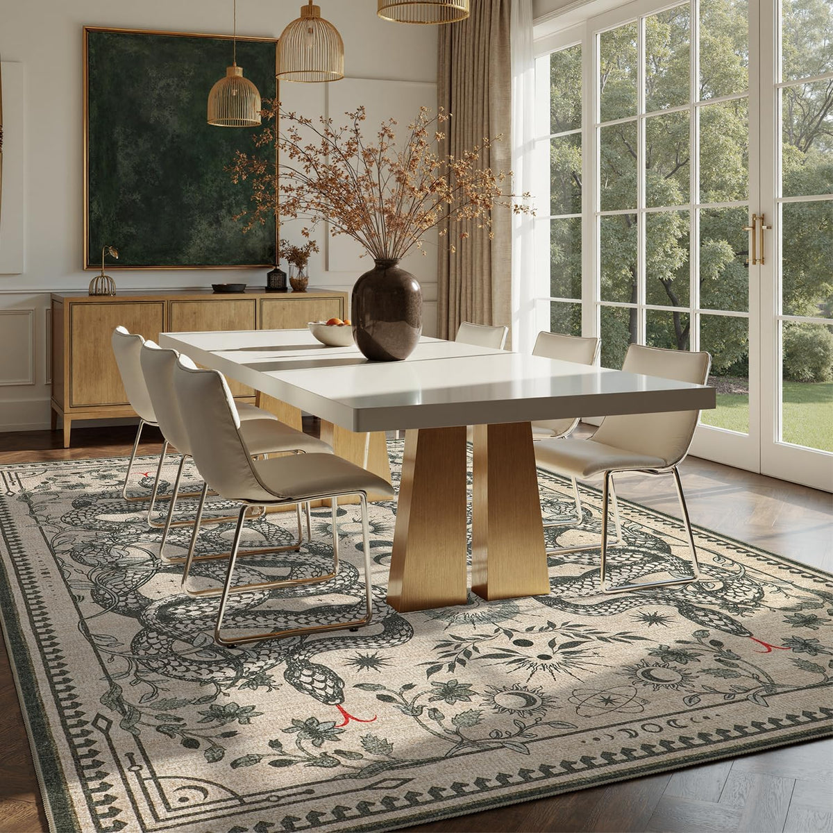 DCX 4x6 Washable Snake Rug for Living Room, Non Slip Low Pile Rug, Beige