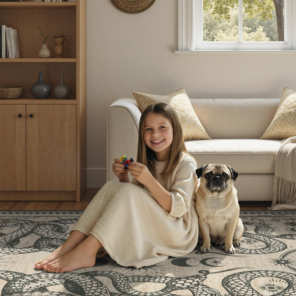 DCX 4x6 Washable Snake Rug for Living Room, Non Slip Low Pile Rug, Beige
