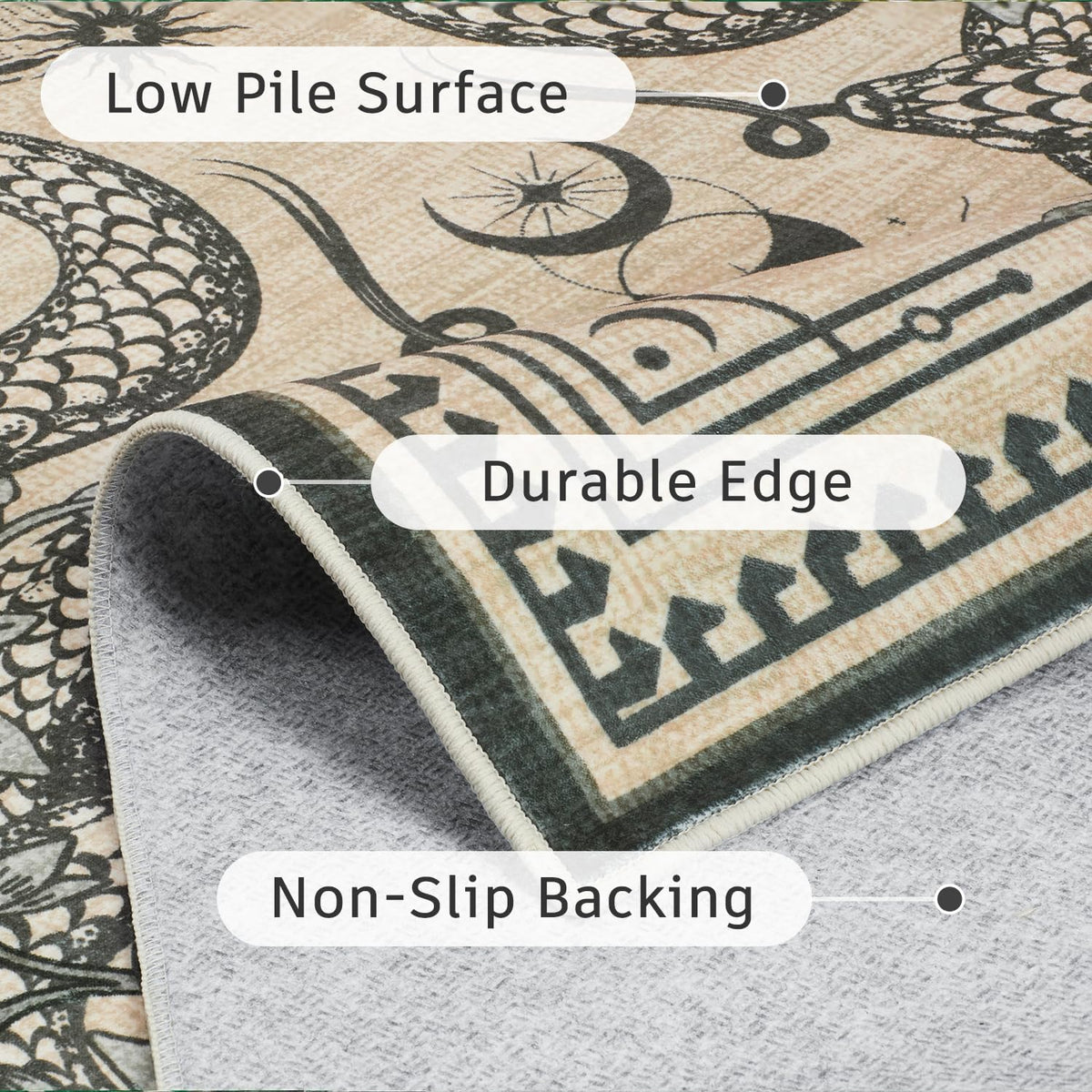 DCX 4x6 Washable Snake Rug for Living Room, Non Slip Low Pile Rug, Beige