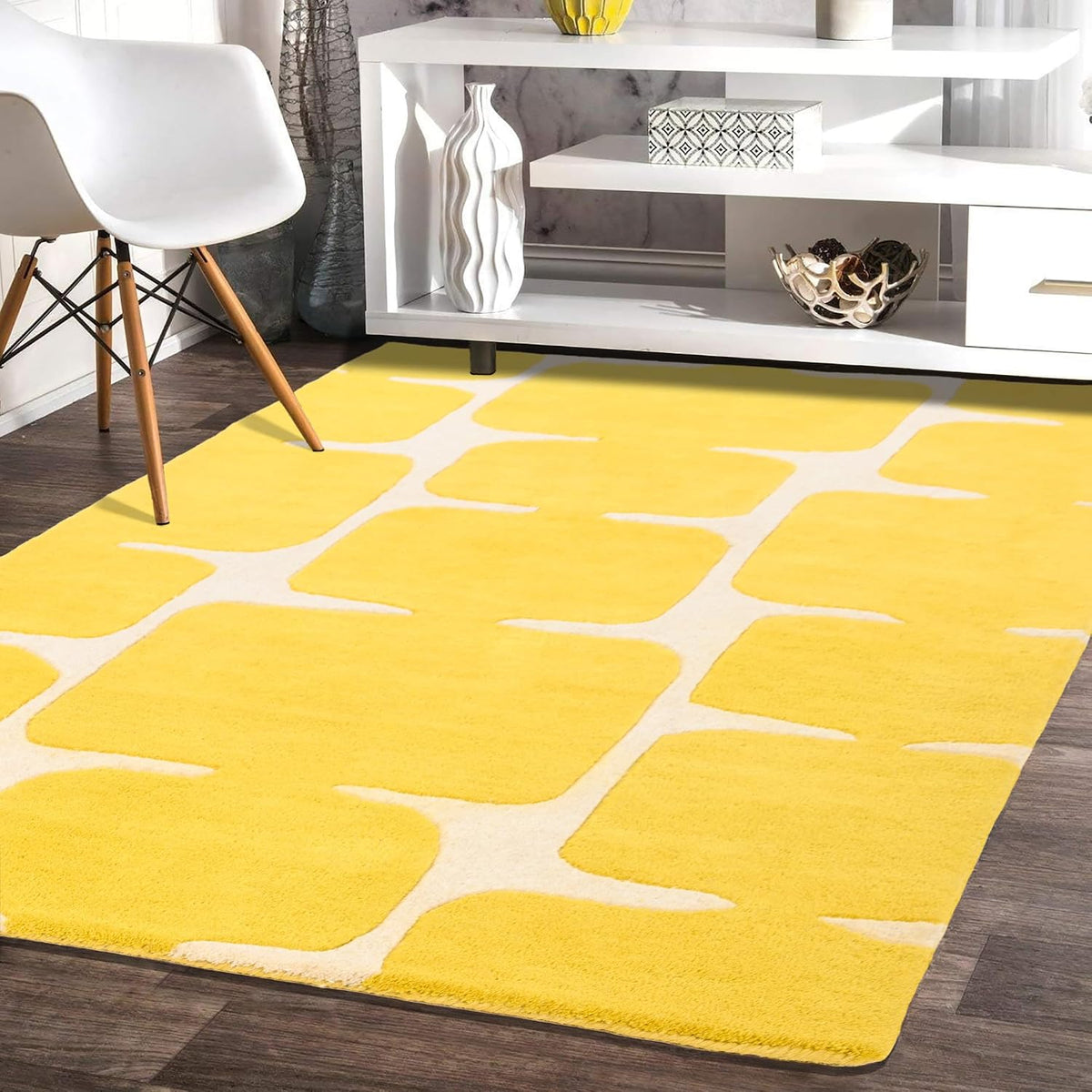 Hand Tufted Modern Yellow Color Abstract Geometric Area Rug for Living Room, Bedroom and Hall.
