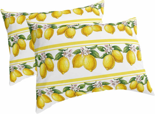 Lemon Summer Pillow Cases Standard Size Set of 2 - Microfiber Bed Throw Pillow Covers, Watercolor Fruits Yellow Stripes Decorative Lumbar Pillow Cover with Envelope Closure for Sofa/Travel 20"x26"