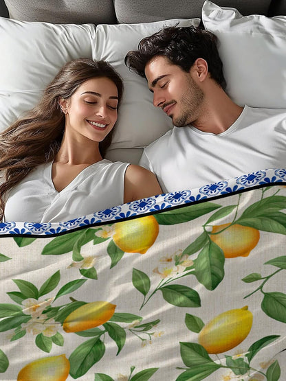 Flat Sheet, 1 Piece Top Sheet Twin Size Yellow Lemon Leaves Soft Breathable Bed Sheet Floral Blue Brushed Microfiber Bed Sheet, Wrinkle Resistant, Fade Resistant Bedding
