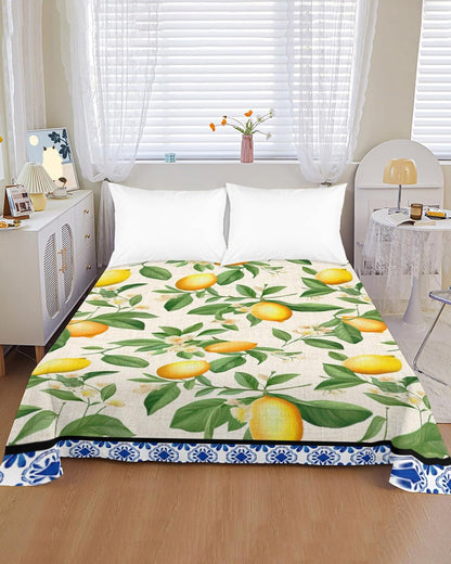 Flat Sheet, 1 Piece Top Sheet Twin Size Yellow Lemon Leaves Soft Breathable Bed Sheet Floral Blue Brushed Microfiber Bed Sheet, Wrinkle Resistant, Fade Resistant Bedding