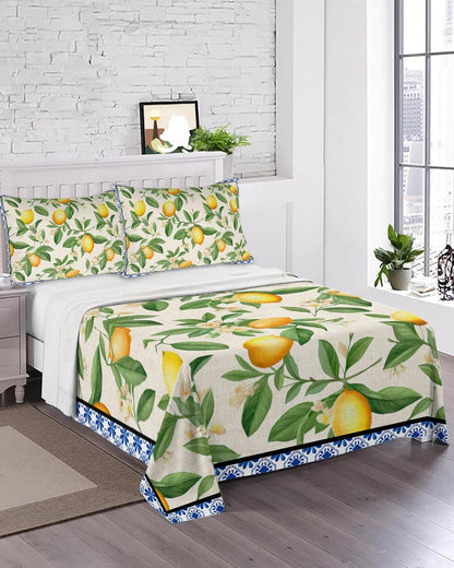 Flat Sheet, 1 Piece Top Sheet Twin Size Yellow Lemon Leaves Soft Breathable Bed Sheet Floral Blue Brushed Microfiber Bed Sheet, Wrinkle Resistant, Fade Resistant Bedding