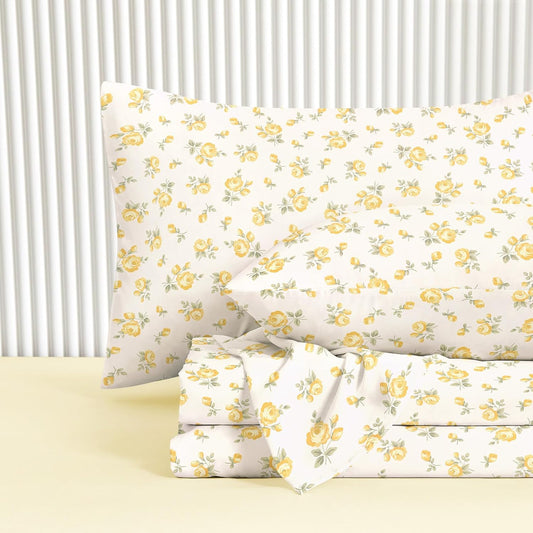 Floral Bed Sheets, 4-Piece Sheet Set, Shabby Chic Flower Rose Pattern Printed Coquette Cottagecore Vintage Aesthetic Bedding, Deep Pocket, Light Yellow, Queen Size